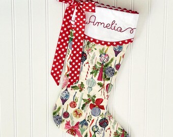 Personalized Quilted Christmas Stocking with Hand Embroidered Cuff
