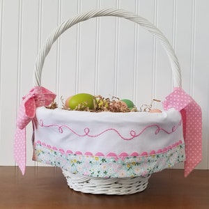 Baby Easter Basket Liner Personalized with Name, White Floral Easter Basket Liner for Girl, Hand Embroidered Name image 2