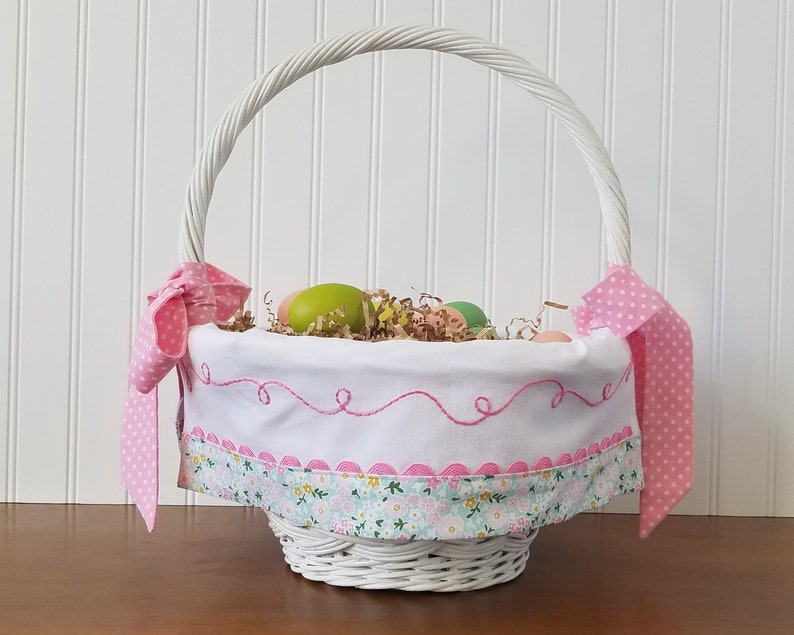 Baby Easter Basket Liner Personalized with Name, White Floral Easter Basket Liner for Girl, Hand Embroidered Name image 2