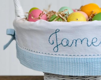 Hand Embroidered Personalized Blue Seersucker Easter Basket Liner with Side Ties