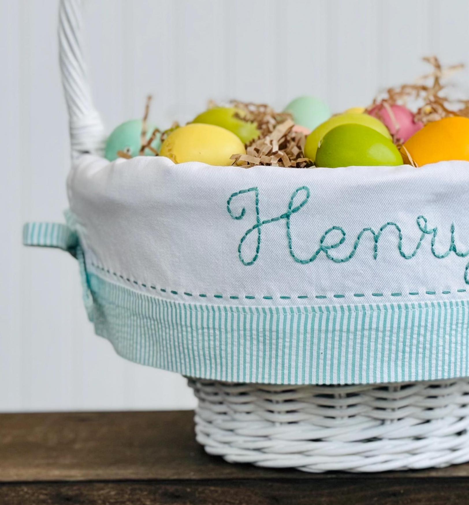 Hand Embroidered Personalized Green Seersucker Easter Basket Liner with Side Ties