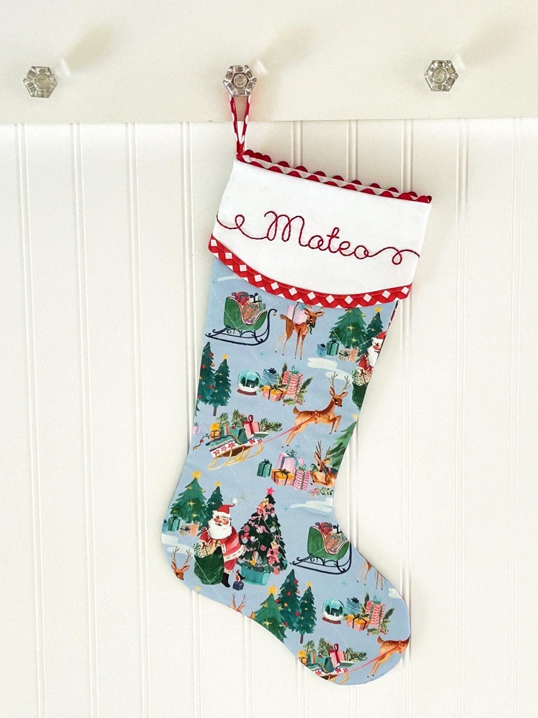 Blue Santa Stocking Personalized Quilted Christmas Stocking With Hand ...