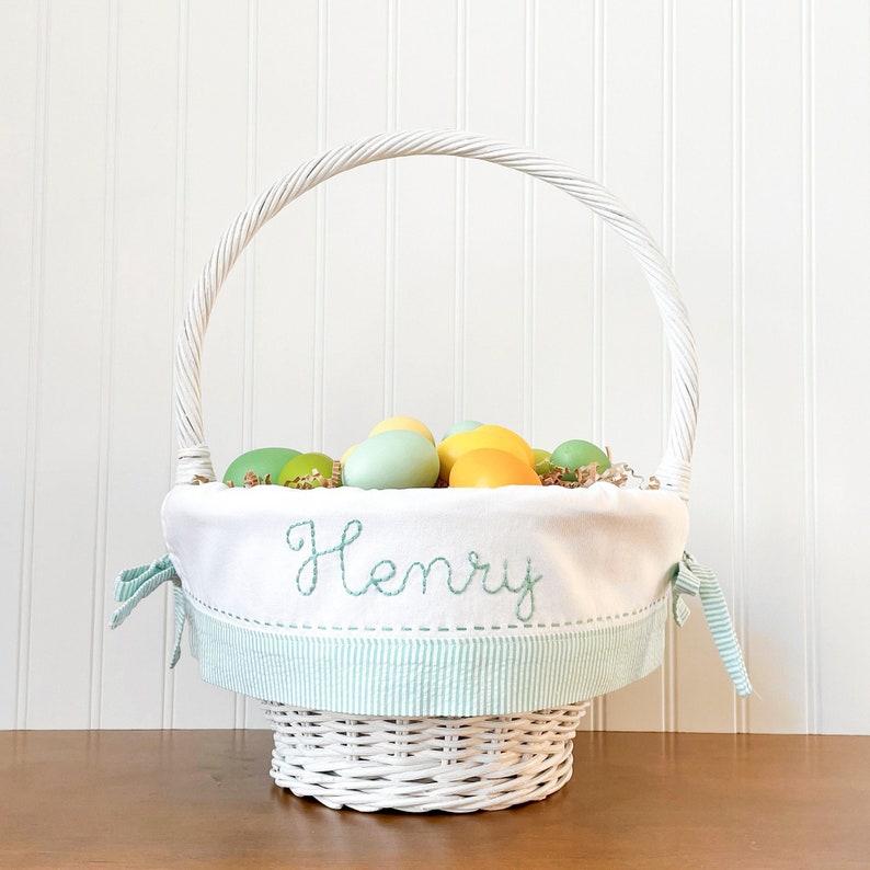 Green Seersucker Easter Basket Liner, Fits Pottery Barn Kids Easter Basket, Personalized with Name image 1