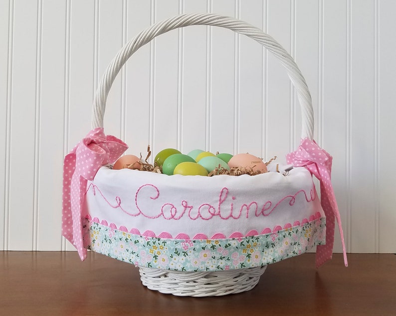 Baby Easter Basket Liner Personalized with Name, White Floral Easter Basket Liner for Girl, Hand Embroidered Name image 1