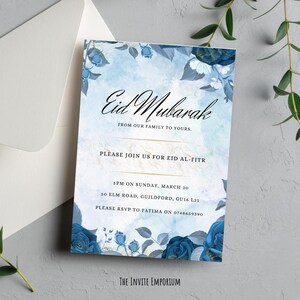 Blue floral Iftar Dinner party invite, Eid celebration invite for muslims, Ramadan decor, Editable Eid dinner party, Eid al-Fitr invitation