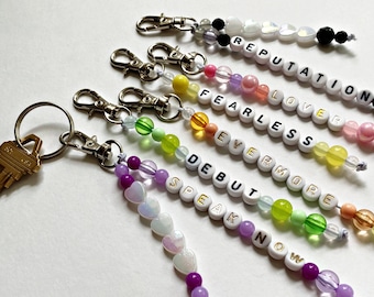 Eras Tour Taylor Swift Keychain, beaded, friendship bracelet, keychain with words, choose your era keychain, bag charm, keyring for bag