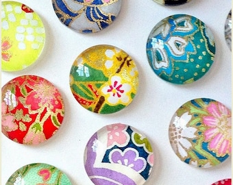 Mixed Bag. set of 4 or 8 Glass Magnets / Push Pins, Japanese paper, colorful floral magnet set, office gift, kitchen magnet, office gift