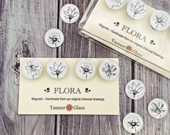 Flora Magnet set. Hand drawn flowers,  botanical glass magnets, fridge magnets, gardener, gift for gardener, Flower magnets, botanical gift