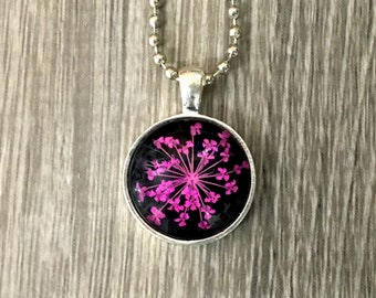 Pendant Necklace, Pink Pressed Flower Necklace, ball chain, gift for gardener, botanical necklace, botanical gift, dried flower pendant