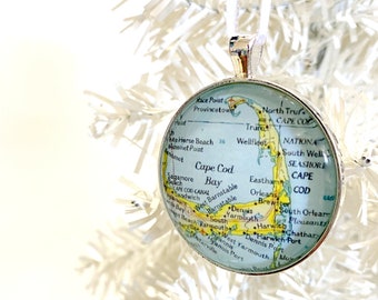 Cape Cod Ornament, Vintage Map Ornament, Christmas Ornament, Cape Cod MA, Chatham, Xmas Gift, map gift, Provincetown MA, Hyannis