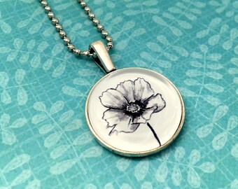 Glass Pendant Necklace, Flower Necklace.  24&quot; ball chain, gift for gardener, botanical necklace, botanical gift, flower pendant