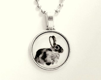 Bunny Glass Pendant Necklace, 18&quot; ball chain, bunny rabbit necklace, rabbit necklace, hand drawn image, woodsy, nature woodland pendant