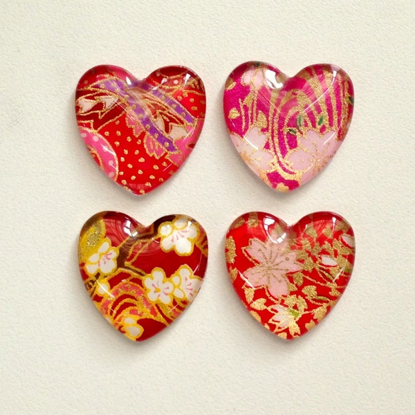 Heart shaped magnet, set of 2 glass magnets, fridge magnets, colorful Japanese yuzen designs, strong magnets, valentines day, heart magnet