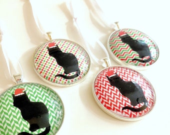 Cat Ornament, Holiday background pattern, Santa Kitty silhouette, seasonal holiday background, for cat lover, pet parent gift, pet sitter