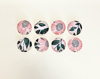 Pink Daisies Magnet set, glass magnets, flower, pink and grey, fun and colorful, kitchen magnets, back to school, fridge magnets, for board