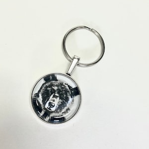 May include: A silver key chain with a round, black and white photo of a bear's face.