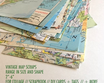 Vintage Map Scrap Pieces, geography project, scrapbook map, ephemera map crafts, paper, vintage map atlas, collage maps, school project