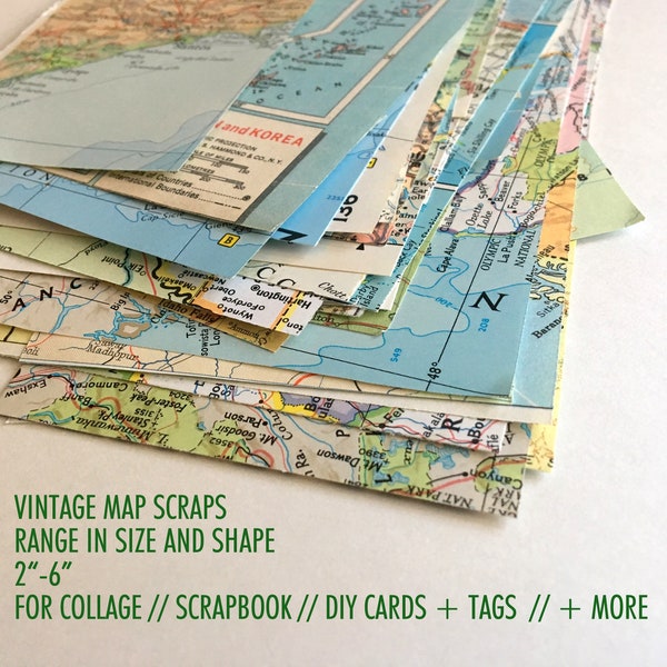 Vintage Map Scrap Pieces, geography project, scrapbook map, ephemera map crafts, paper, vintage map atlas, collage maps, school project