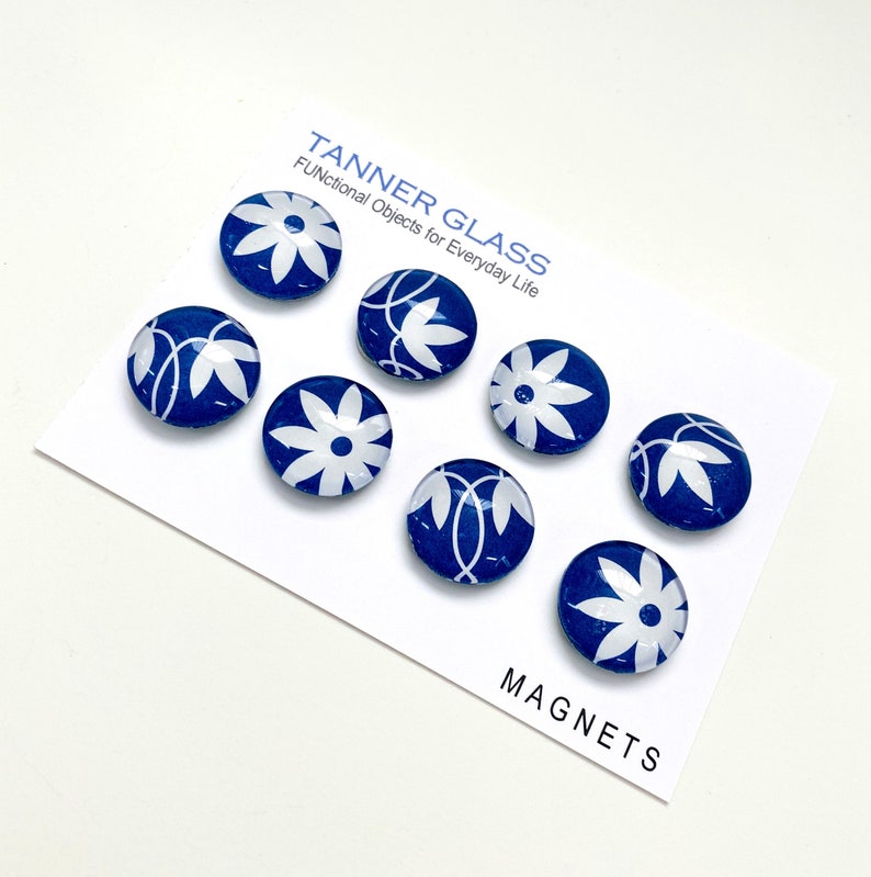 Blue and White Flower Magnet set, glass magnets, cute magnets, fun and colorful, back to school, fridge magnets, bold print, navy image 3