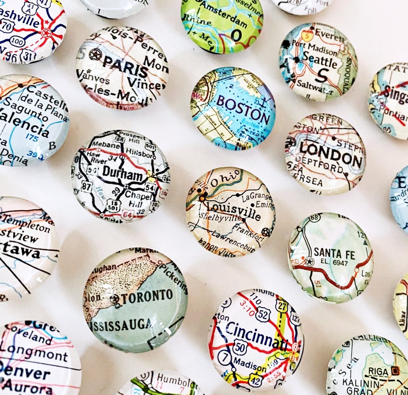 Custom Vintage Map Magnets, Set, you pick the locations, map gifts, travel gift for him, souvenir, gift for traveler, personalized gift image 2