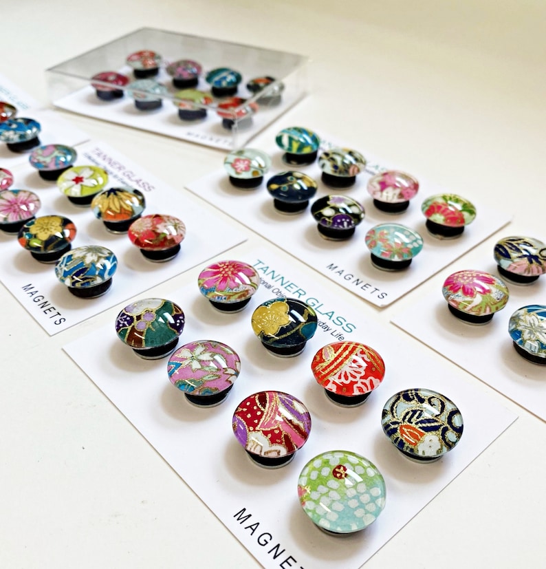 MOST POPULAR. Mixed Bag. set of 4 or 8 cute Glass Magnets / Push Pins, Japanese yuzen Chiyogami paper, colorful pretty floral Fridge Magnets image 3