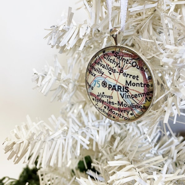 Holiday Christmas Ornament, Paris France. Vintage map Ornament, gift for traveler, map gift, unique ornament, gifts under 20, guy gift