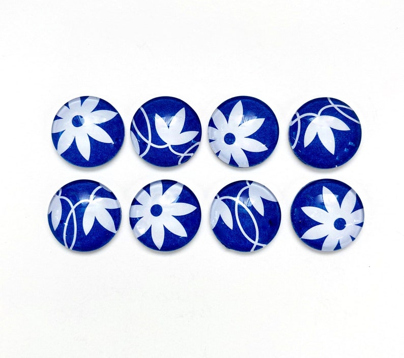 Blue and White Flower Magnet set, glass magnets, cute magnets, fun and colorful, back to school, fridge magnets, bold print, navy image 1