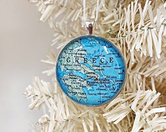 Greece Christmas Ornament, Athens Greece Vintage map Ornament, gift for traveler, Greece map gift, unique ornament, souvenir, lg pendant