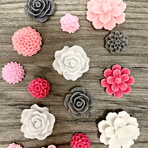 Pink Grey White Flower Magnet Set, resin flower Magnets, strong fridge magnets, gift for gardener, magnet set, shades of pink, Rose magnets