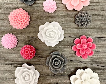 Pink Grey White Flower Magnet Set, resin flower Magnets, strong fridge magnets, gift for gardener, magnet set, shades of pink, Rose magnets