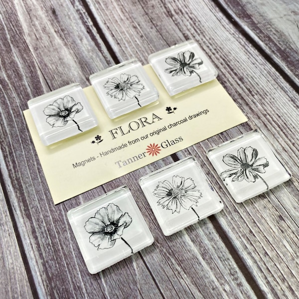 Flora Magnet set. Hand drawn flower image, botanical glass magnets, fridge magnets, gift for gardener, Flower magnets, botanical gift