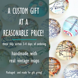 Custom Vintage Map Magnets, Set, you pick the locations, map gifts, travel gift for him, souvenir, gift for traveler, personalized gift image 3