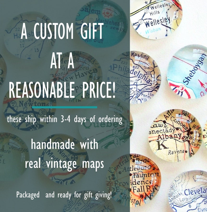 Custom Vintage Map Magnets, Set, you pick the locations, map gifts, travel gift for him, souvenir, gift for traveler, personalized gift image 3