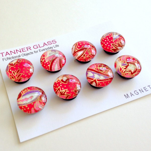 Japanese Floral Magnet Set, Push Pin set, Pink Paisley.  Colorful glass magnets, japanese chiyogami, teacher gift, coworker, fridge magnets