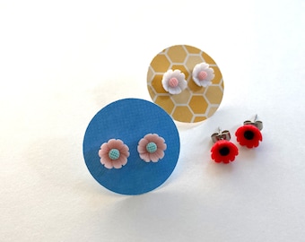 Poppy Flower Earrings, small flower stud earrings, cute, lightweight earring, colorful post earring, resin flower, surgical steel