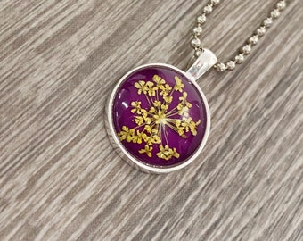 Pendant Necklace, Magenta Pressed Flower Necklace, ball chain, gift for gardener, botanical necklace, botanical gift, dried flower pendant