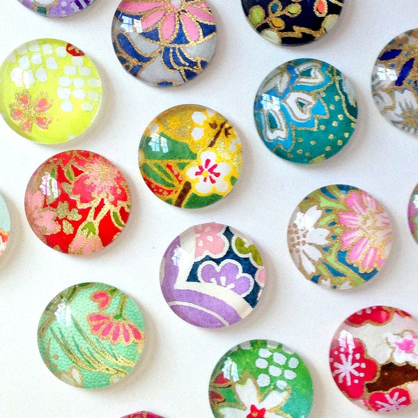 BEST VALUE / QTY 10 Glass Magnets, Push Pins, assorted Japanese yuzen paper, colorful floral Fridge Magnets. wedding reception favor