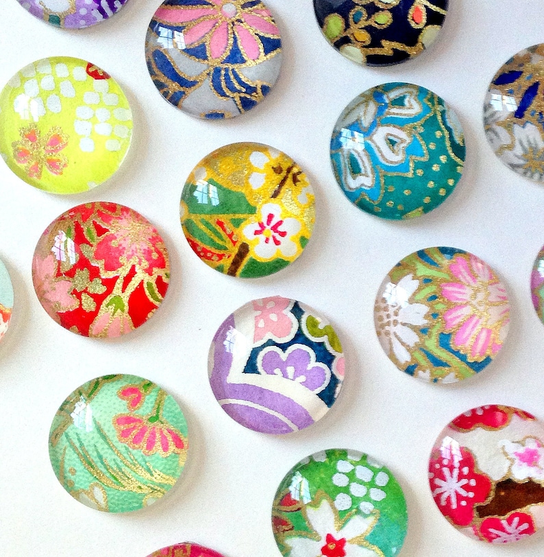 MOST POPULAR. Mixed Bag. set of 4 or 8 cute Glass Magnets / Push Pins, Japanese yuzen Chiyogami paper, colorful pretty floral Fridge Magnets 