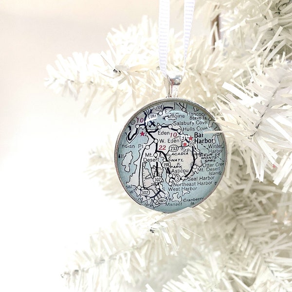 Bar Harbor, Acadia NP Holiday Christmas Map Ornament, Maine Vintage Map Ornament, map gift, unique ornament, fun guy gift, gift under 20