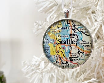 Seattle Ornament, Vintage Map Ornament, Christmas Ornament, Seattle map gift, Xmas Gift, Holiday Ornament, Seattle WA, Puget Sound