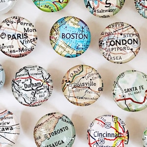 Custom Vintage Map Magnets, Set, you pick the locations, map gifts, travel gift for him, souvenir, gift for traveler, personalized gift image 1