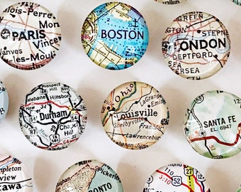 Custom Vintage Map Magnets, Set, you pick the locations, map gifts, travel gift for him, souvenir, gift for traveler, personalized gift