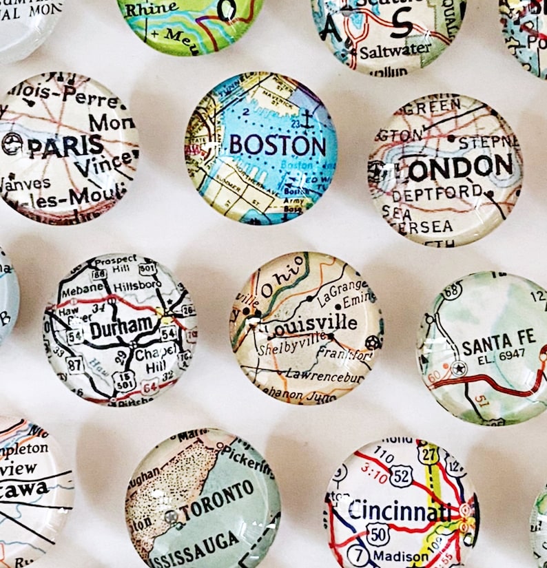 Custom Vintage Map Magnets, Set, you pick the locations, map gifts, travel gift for him, souvenir, gift for traveler, personalized gift image 1
