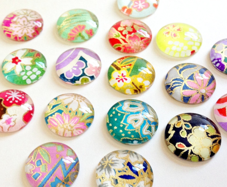 MOST POPULAR. Mixed Bag. set of 4 or 8 cute Glass Magnets / Push Pins, Japanese yuzen Chiyogami paper, colorful pretty floral Fridge Magnets image 2