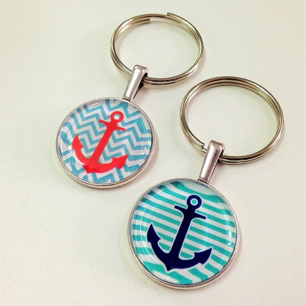 Nautical key chain.  Colorful fun nautical design, beach bag charm, cute key chain, Anchor silhouette, anchor key chain, nautical gifts