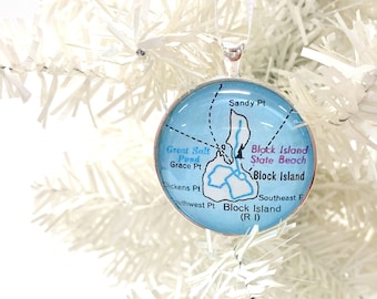 Block Island Ornament, Vintage Map Ornament, Christmas Ornament, Rhode Island, Xmas Gift, map, BI RI, Block Island Map, Rhode Island gift