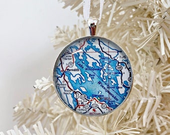 Lake Winnipesaukee Ornament, Vintage Map Ornament, Christmas Ornament, map gift, Xmas Gift, Holiday Ornament, New Hampshire gift, Meredith