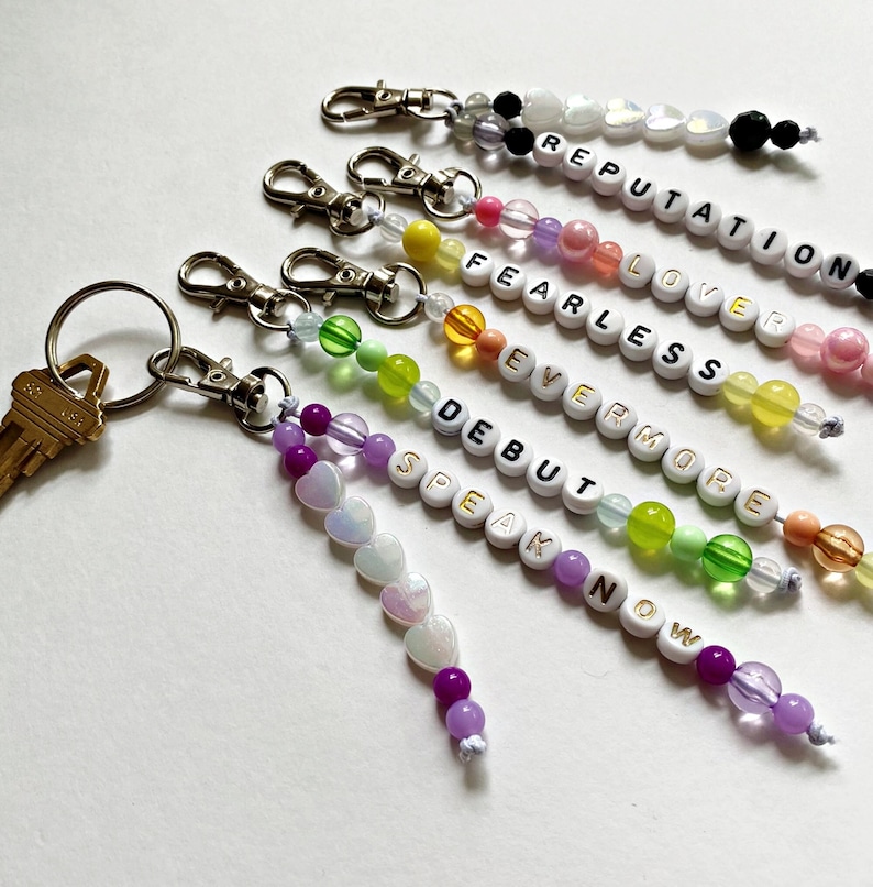 Eras Tour Taylor Swift Keychain, beaded, friendship bracelet, keychain with words, choose your era keychain, bag charm, keyring for bag image 1