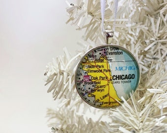 Chicago IL Ornament, Vintage Map Ornament, Christmas Ornament, Xmas Gift, map, Chicago Souvenir, map gifts, under 20, Chicago gift