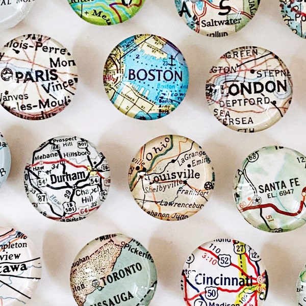 Vintage Map Magnet- small map magnet, custom location, map gifts, stocking stuffer, glass magnet, guy gift, for men, gifts under 10